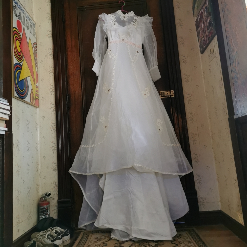 Vintage 60s Wedding Dress Long Veil Train Ruffles Floral Lace Barbie Pink 1960 - Picture 5 of 16